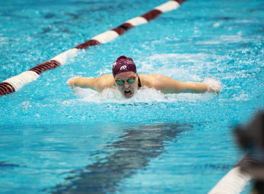 Southern+Illinois+swimming+and+diving+hosted+a+tri-meet+against+Little+Rock+and+Valparaiso+at+Shea+Natatorium+on+March+12%2C+2021+in+Carbondale%2C+Ill.