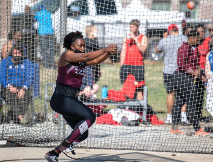 Matisen Ingle winds up during hammer throw on Saturday, March 20, 2021, at the SIU Lew Hartzog Track and Field Complex in Carbondale, Ill.