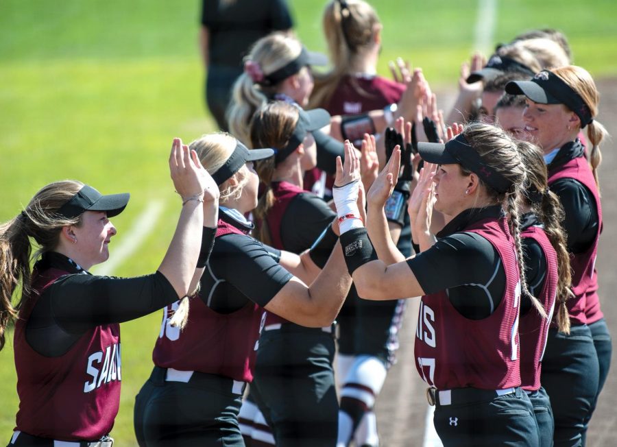The SIU Salukis softball team gives each other high fives before the game against Drake University on Sunday, March 21, 2021 at SIU. 