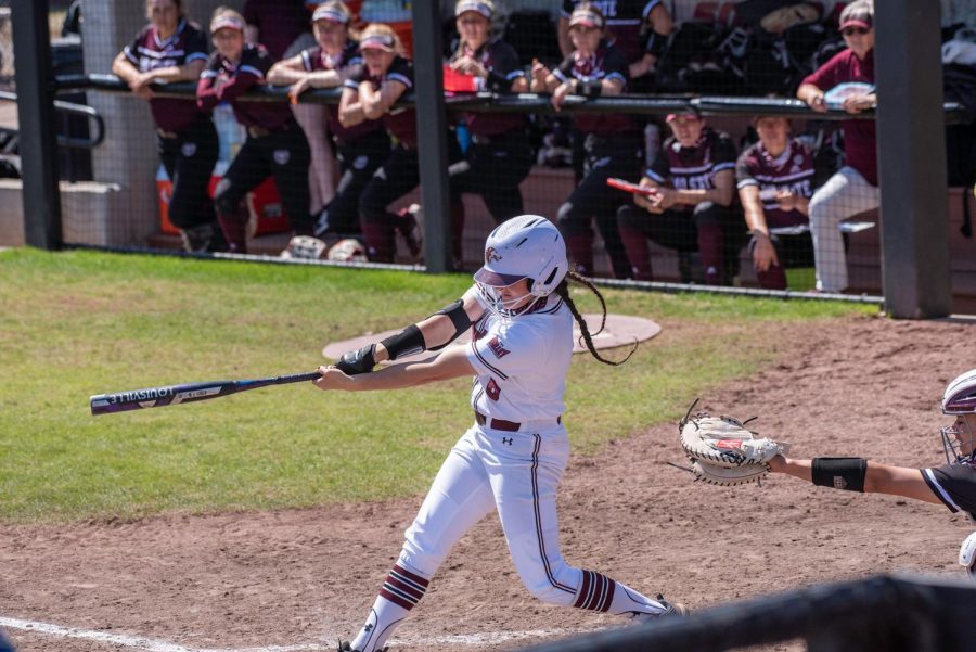 Saluki outfielder Elizabeth Warwick (8) hits a foul ball against Missouri State. March 24, 2021 at Charlotte West Stadium Carbondale, Ill.