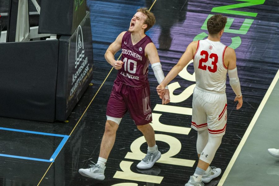 SIU guard Ben Harvey gets hyped after a foul was called on against Bradley during the Salukis 73-63 win over the Braves on Thursday, March 4, 2021 in St. Louis at the Arch Madness Tournament.   