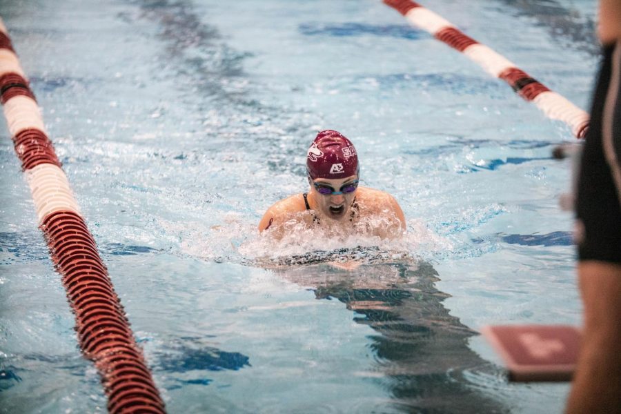 SIU senior, Justina Lanni, races in a breaststroke event against Missouri State University Saturday, Mar. 6, 2021 at the SIU Student Recreation Center.