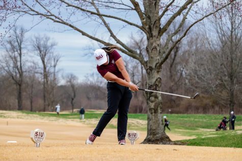 Janie Samattiyadeekul drives the ball down the fairway during the match against Bradley University March 14, 2021, at Hickory Ridge Golf Course in Carbondale, Ill. 