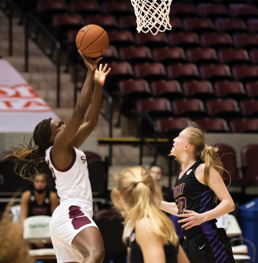 Awa Keita (35) tries to score during the first half of the game against the Northern Iowa Panthers on Friday, Mar. 5, 2021 at the SIU Banterra Center in Carbondale, Ill.