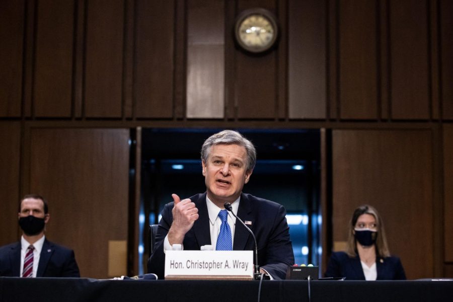 Federal Bureau of Investigation Director Christopher Wray testifies on Capitol Hill, in Washington, before a Senate Judiciary Committee on the the January 6th Insurrection, domestic terrorism and other threats,Tuesday, March 2, 2021. (Graeme Jennings/Pool/Abaca Press/TNS)