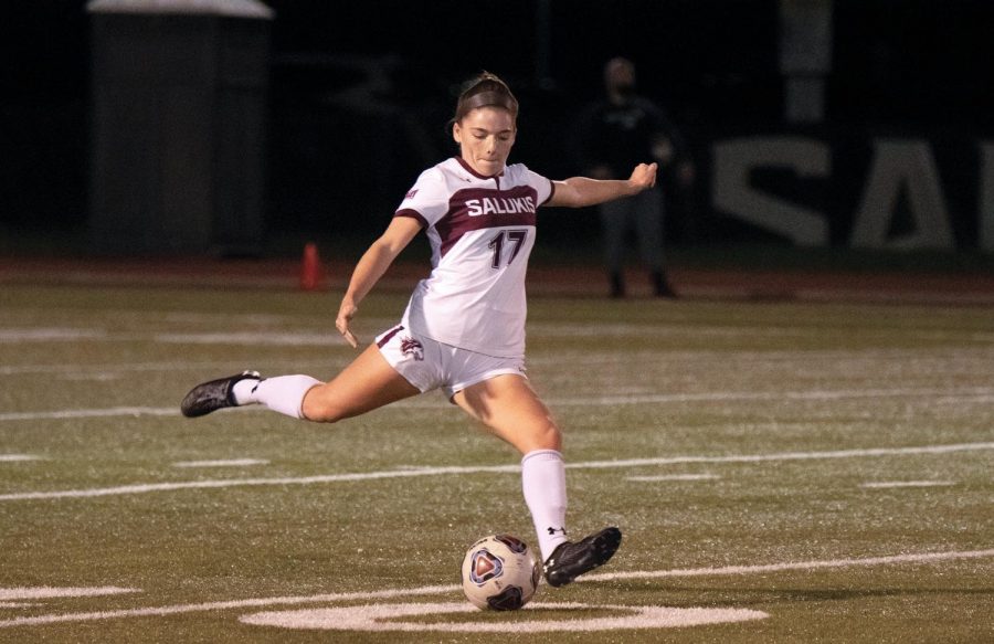Kathryn Creedon (17), defender for Salukis Women Soccer Team, kicks the ball in the game against Illinois State University on Saturday, April 3, 2021 at Lew Hartzog Track and Field Complex in Carbondale, Ill.