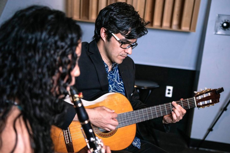 Nico Sánchez-Barberán and Gloria Inés Orozco Dorado play a duet Saturday, April 10, 2021 at SIU. Sánchez-Barberán and Dorado are professional musicians and play duets under the name The Two of Us. The duo has played in Mexico, the United States, and Columbia.