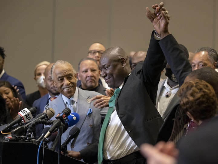 Attorney Ben Crump spoke with the family of George Floyd at a news conference held after the verdict in the murder trial of former Minneapolis police Officer Derek Chauvin, on Tuesday, April 20, 2021, in Minneapolis. (Carlos Gonzalez/Minneapolis Star Tribune/TNS)