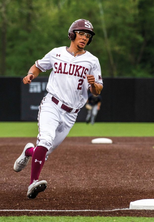 Evan Martin (2) makes a run during the game against Murray State on Tuesday, April 27, 2021 at Itchy Zones Stadium in Carbondale, Ill.