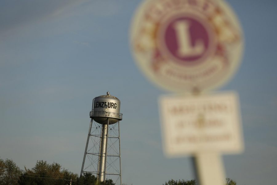 Lenzburg, IL water tower seen from a road leading to Susan Stone’s trailer home.  Stone says she feels the people of Lenzburg don’t want her living there, “I’m too different for them, you know what I mean.  I’m too colorful,” Stone said.
