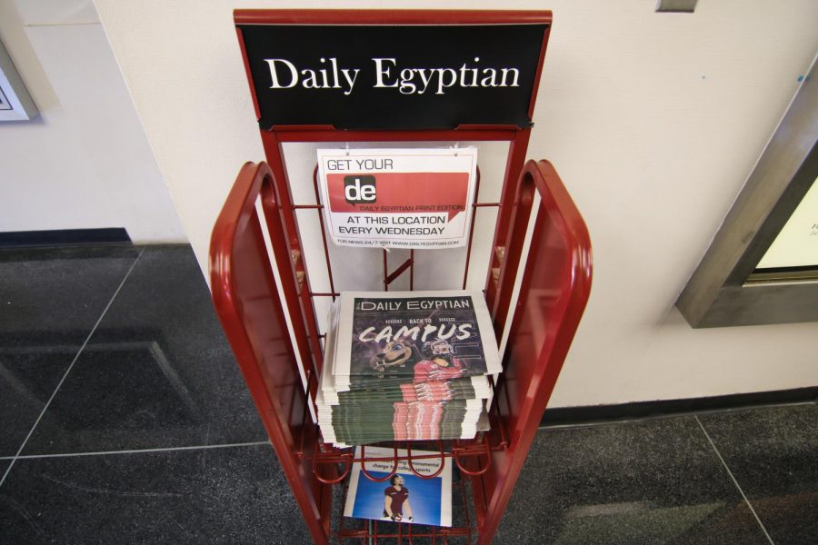 Newspapers printed by the Daily Egyptian (DE) placed outside the DE newsroom Aug. 16, 2021 at the SIU Communications building.