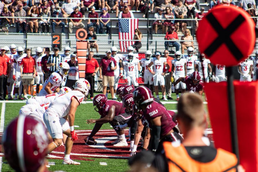 Southern Illinois Salukis football player Devin Love (#65) gets set to hike the football in the game against Illinois State University Sept. 25, 2021 at the Saluki Stadium in Carbondale, Ill. 