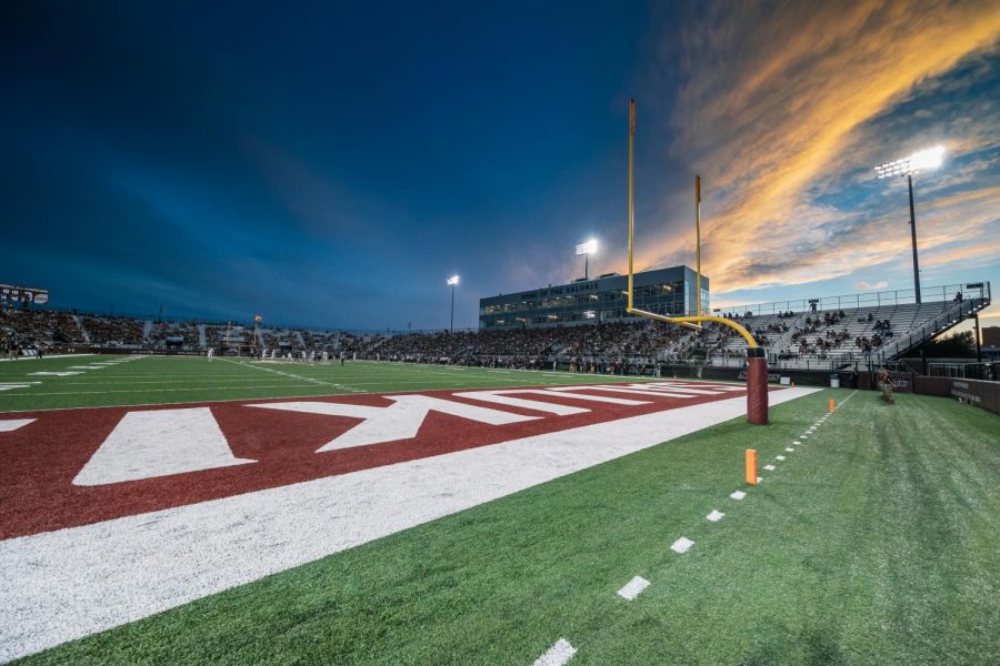 Saluki Stadium sits beneath the sunset Sept. 18, 2021 in Carbondale, Ill. The Salukis played their first home game of the season against the Dayton Flyers.