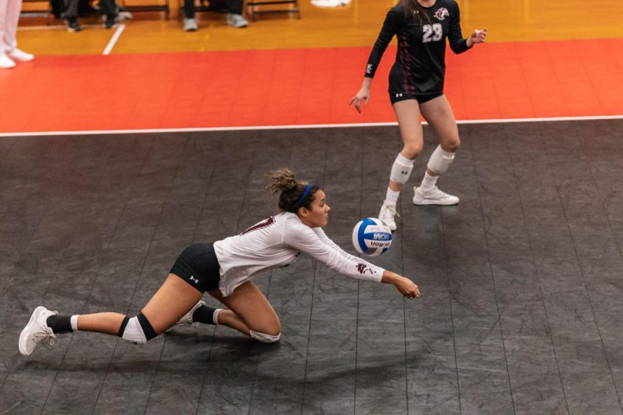 Nataly Garcia dives for the ball Sept. 17, 2021 in Cape Girardeau, Mo. SIU lost to Southeast Missouri State University 0-3.