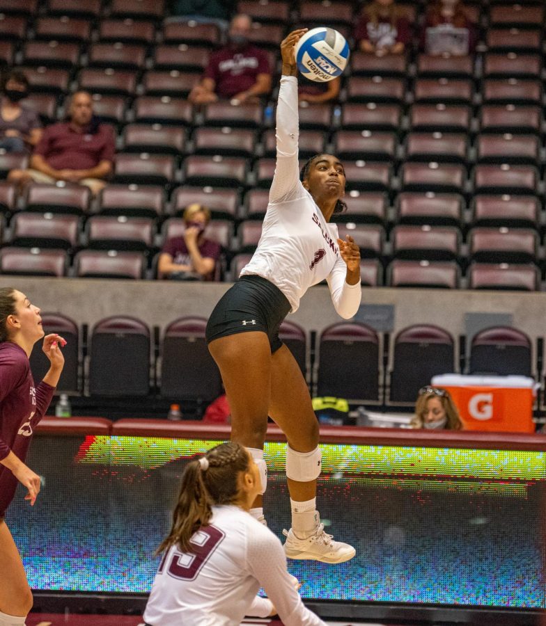 Nsia Gittens goes up for the spike vs. EIU. SIU would later on drop their early 2-0 lead and fall to EIU 3-2  on Friday, Sept. 10, 2021 during the Saluki Invitational at the Banterra Center at SIU.         