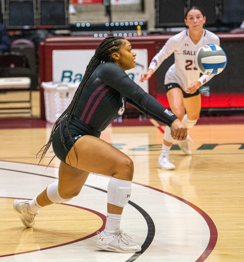Alex Washington bumps the ball in order to set up the offense during the drive during the Salukis 3-0 win over the University of South Carolina - Upstate on Friday, Sept. 10, 2021 during the Saluki Invitational at the Banterra Center at SIU. 