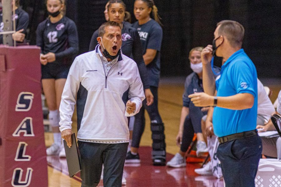 Head coach Ed Allen has words with one of the officials regarding the call on the previous play during the Salukis 3-0 win over the University of South Carolina - Upstate on Friday, Sept. 10, 2021 during the Saluki Invitational at the Banterra Center at SIU. 