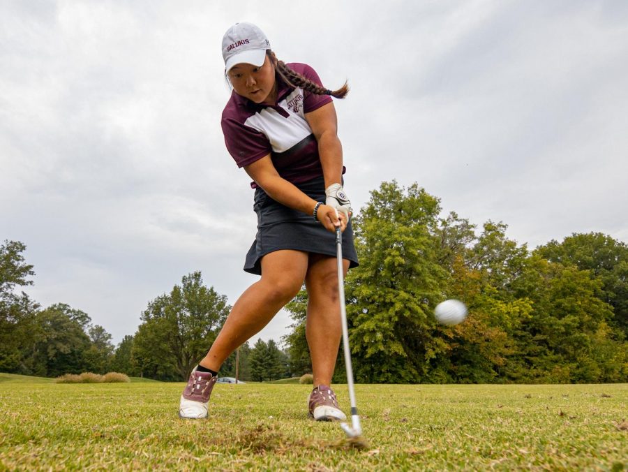 SIU+golfer+Moyea+Russell+takes+a+swing+at+a+ball+on+Friday%2C+Oct.+1%2C+2021+at+Hickory+Ridge+Public+Golf+Course+in+Carbondale%2C+Illinois.+Russell%2C+who+was+named+MVC+golfer+of+the+week+recipient+in+late+September%2C+after+hitting+three+rounds+of+74%2C+73%2C+and+74+for+a+total+score+of+221+%28%2B5%29+to+tie+for+eight+place+overall.++