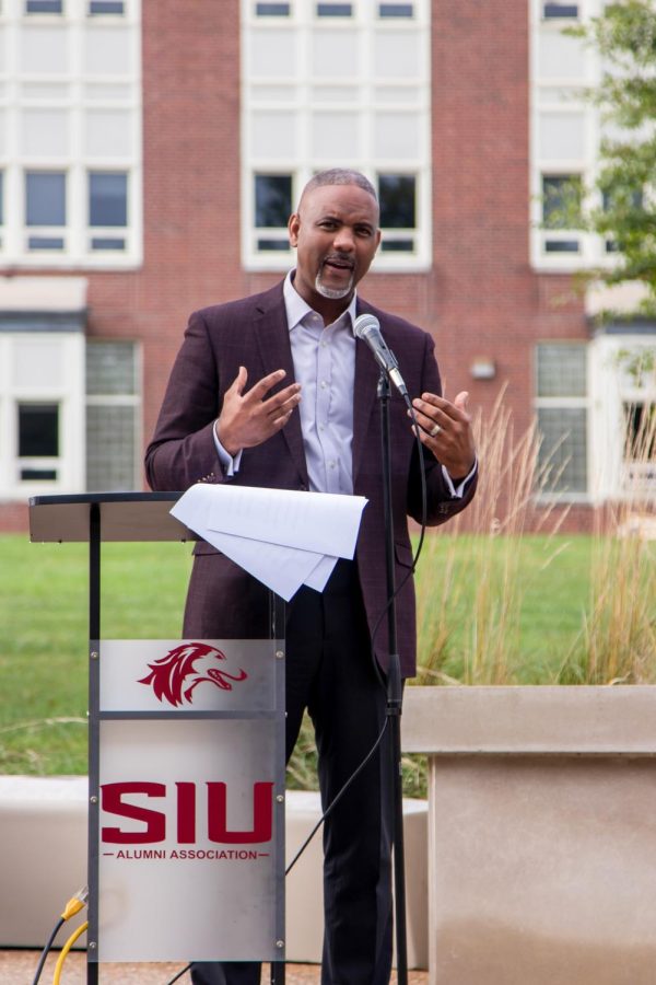 Austin Lane, Chancellor of SIU, gives a speech at Saluki Alumni Plaza Ribbon Cutting Ceremony Oct. 15, 2021 in Carbondale, Ill. Schools that dont do this, dont have a strong alumni base to support. We got more alums in the state than most universities have, and its felt really important that we celebrate the alums and the students here, and the legacy that we have right now. Lane said.