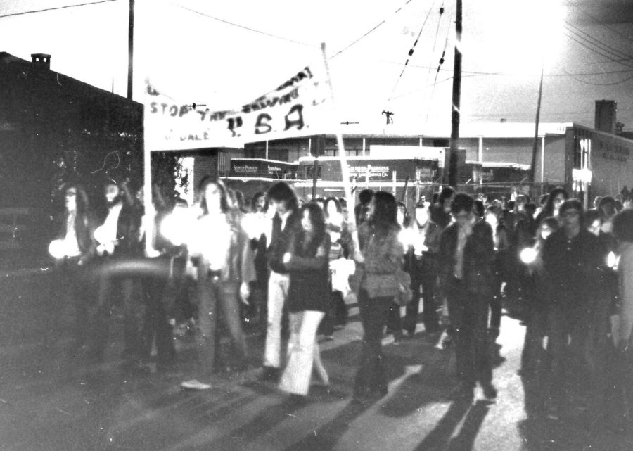 Students walk in the Peace March Protest in the fall of 1971 in Carbondale, Ill. John T. Soden | weaselvideoproductions.com