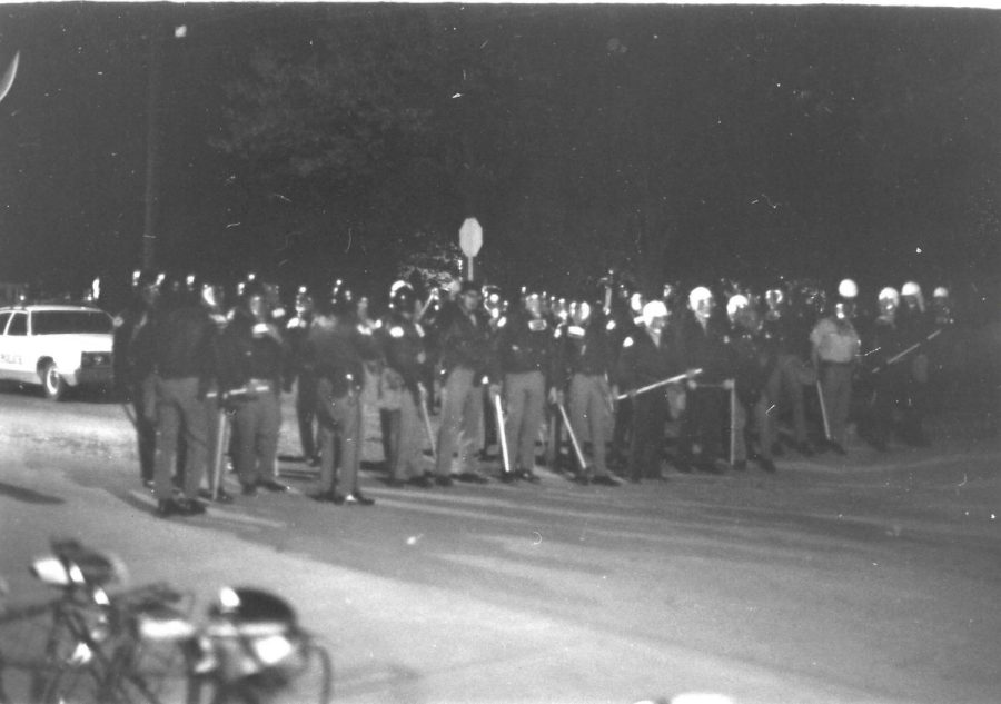 Police prepare to charge at the students in the Peace March Protest in the fall of 1971 in Carbondale, Ill. 