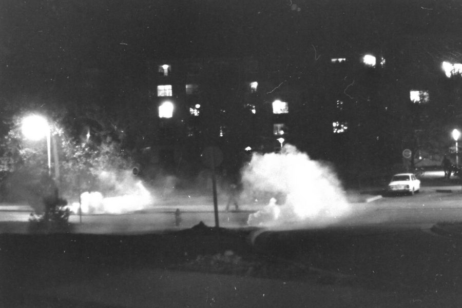 Tear gas is released on campus during the Peace March Protest in the fall of 1971 in Carbondale, Ill. 