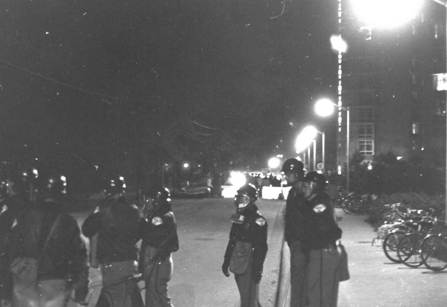 Police watch the Peace March Protest in the fall of 1971 in Carbondale, Ill. 