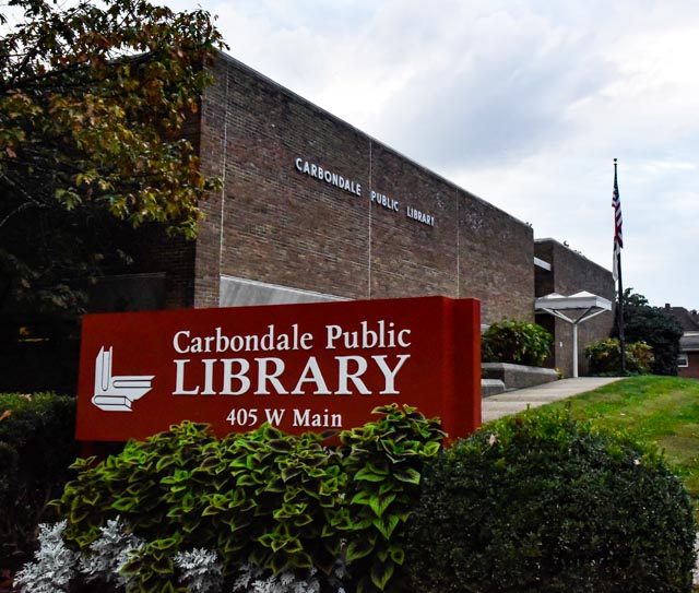 The Carbondale Public Library’s sign sits in front of the building Oct. 13, 2021 in Carbondale, Ill. 