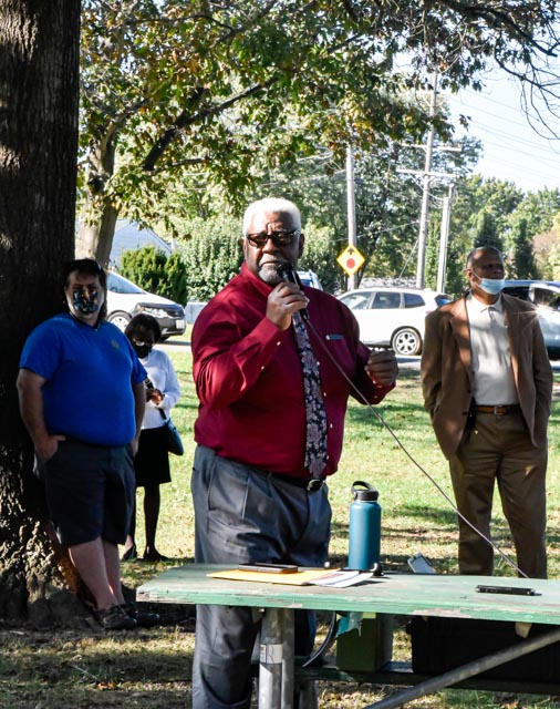 The fourth speaker gets passionate as he tells his story about his experience working at the Koppers Wood Treatment Facility at Attucks Park in Carbondale Ill. Sunday, Oct. 17, 2021. 
