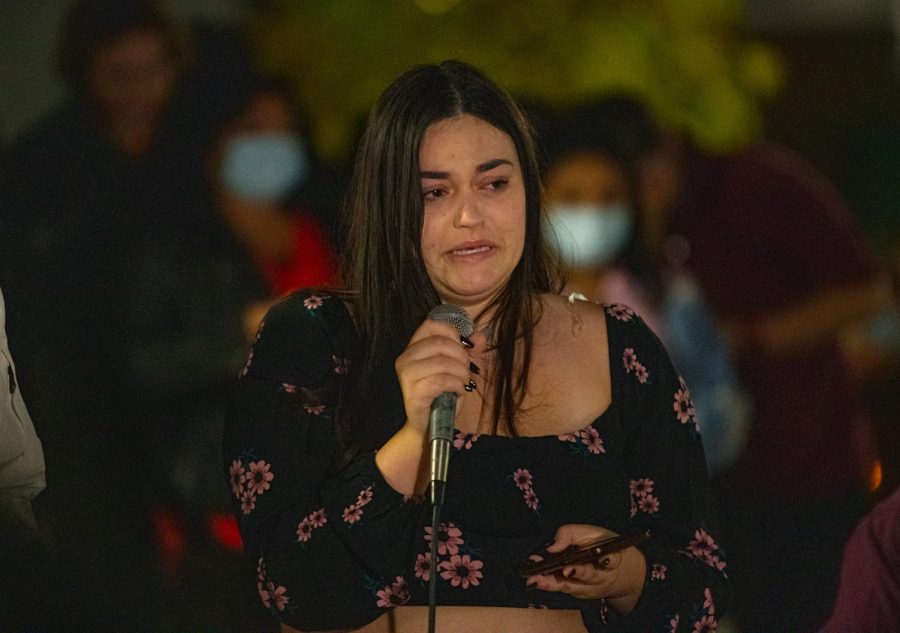 Emma Braning, Jurineks girlfriend, addresses the crowd of attendees during the vigil for Jacob Jurinek. Jurinek, a SIU student, who was among the victims of the Astroworld festival tragedy on Nov. 5 in Houston on Monday, Nov. 8, 2021 at Faner Plaza at SIU in Carbondale, Illinois.