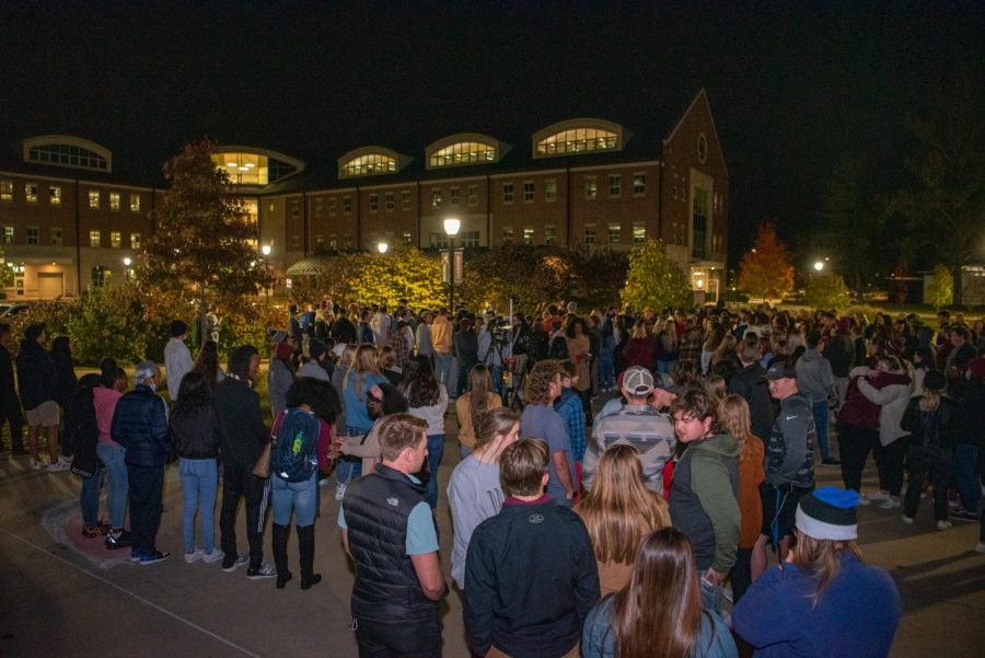 A crowd of people gathered to attend the vigil for Jacob Jurinek. Jurinek, a SIU student, who was among the victims of the Astroworld festival tragedy on Nov. 5 in Houston on Monday, Nov. 8, 2021 at Faner Plaza at SIU in Carbondale, Illinois.