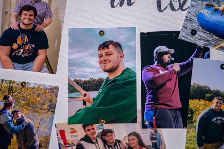 A poster filled with photos of Jacob Jurinek during the vigil on Monday, Nov. 8, 2021 at Faner Plaza at SIU in Carbondale, Illinois. Jurinek, who was a junior at SIU, was one of the eight victims of the Astroworld festival tragedy on Nov. 5 in Houston. 