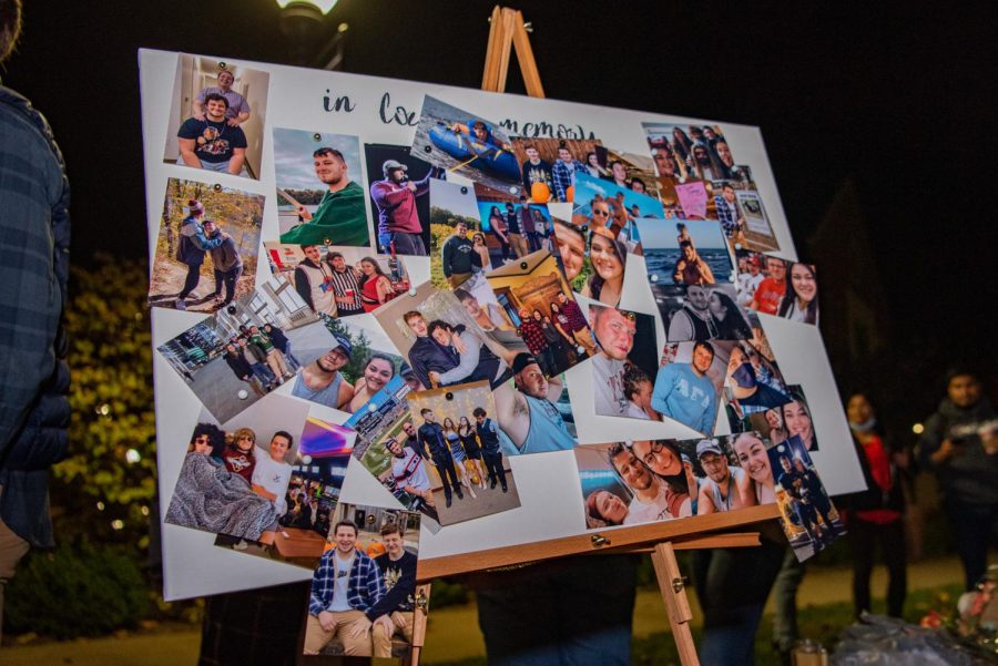 A poster filled with photos of Jacob Jurinek during the vigil on Monday, Nov. 8, 2021 at Faner Plaza at SIU in Carbondale, Illinois. Jurinek, a junior at SIU, was one of the eight victims of the Astroworld festival tragedy on Nov. 5 in Houston. 