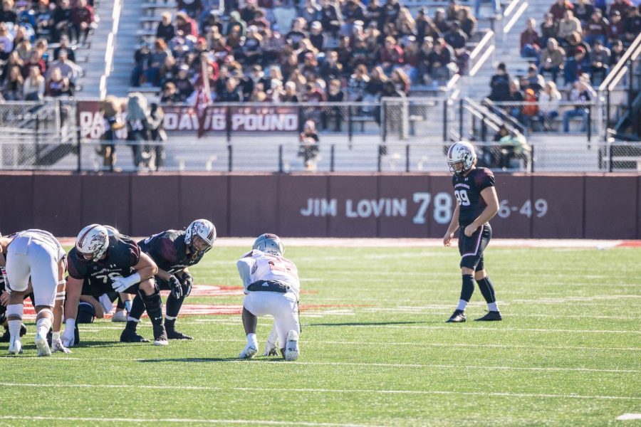 Caden Reeves, defensive lineman for SIU, prepares to kick a field goal in a game against Missouri State University Nov. 6, 2021 at Saluki Stadium in Carbondale, Ill.