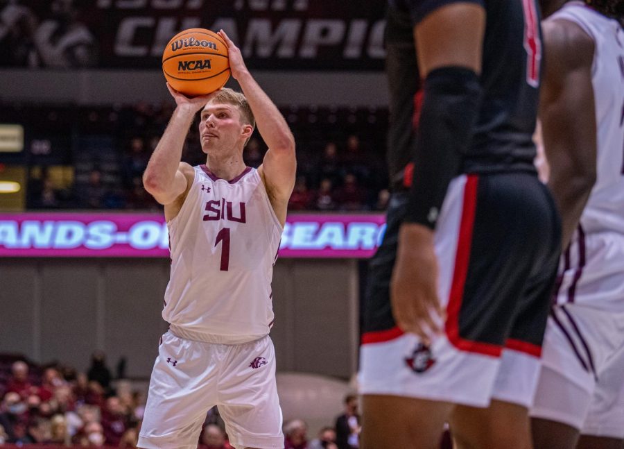 SIU forward, Marcus Domask, sets up for a free throw attempt during SIUs 73-55 win over Austin Peay during the Charles Helleny Tip-Off Classic on Friday, Nov. 12, 2021 at the Banterra Center at SIU. 