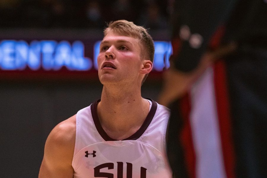 SIU forward, Marcus Domask, sets up for a free throw attempt during SIUs 73-55 win over Austin Peay during the Charles Helleny Tip-Off Classic on Friday, Nov. 12, 2021 at the Banterra Center at SIU. 