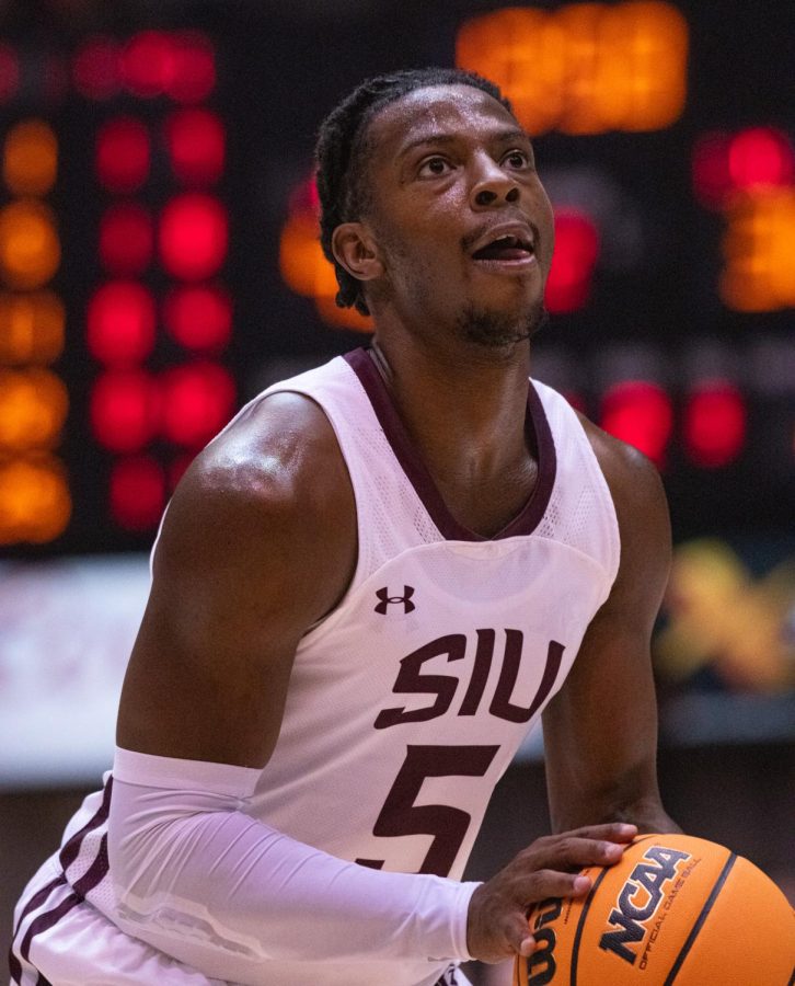 SIU guard, Lance Jones, squares up for a free throw attempt during SIUs 73-55 win over Austin Peay during the Charles Helleny Tip-Off Classic on Friday, Nov. 12, 2021 at the Banterra Center at SIU. 