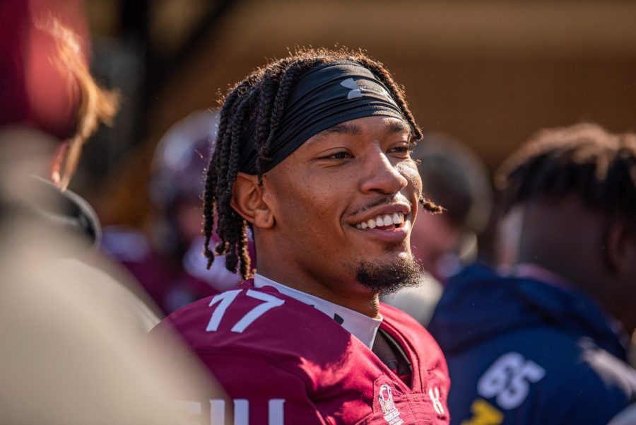 SIU wide receiver, Landon Lenoir, smiles before Youngstown State game on Senior Day. Lenoir, a 6th year senior lead the Missouri Valley Football Conference with 9 touchdowns on Saturday, Nov. 20, 2021 at Saluki Stadium at SIU.