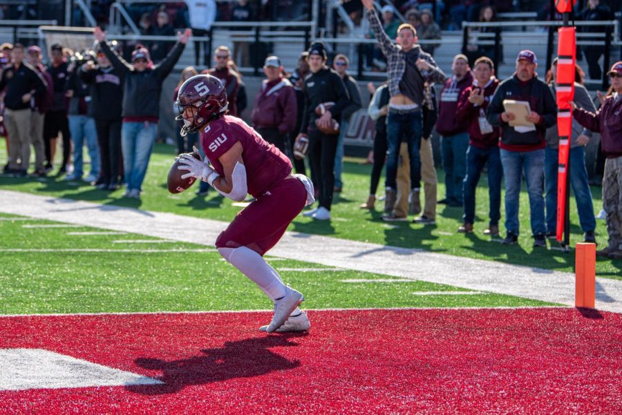 SIU wide receiver, Jeremy Strong, catches a touchdown pass during SIUs 18-35 loss vs. Youngstown State during Senior Day. Strong finished the game with 104 yard on 9 attempts with  Saturday, Nov. 20, 2021 at Saluki Stadium at SIU.  