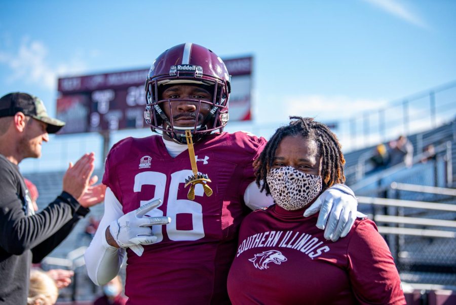SIU senior safety, Phillip Powell, poses for a photo during the pregame ceremony on Senior Day before SIUs 18-35 loss vs. Youngstown State on Saturday, Nov. 20, 2021 at Saluki Stadium at SIU.   