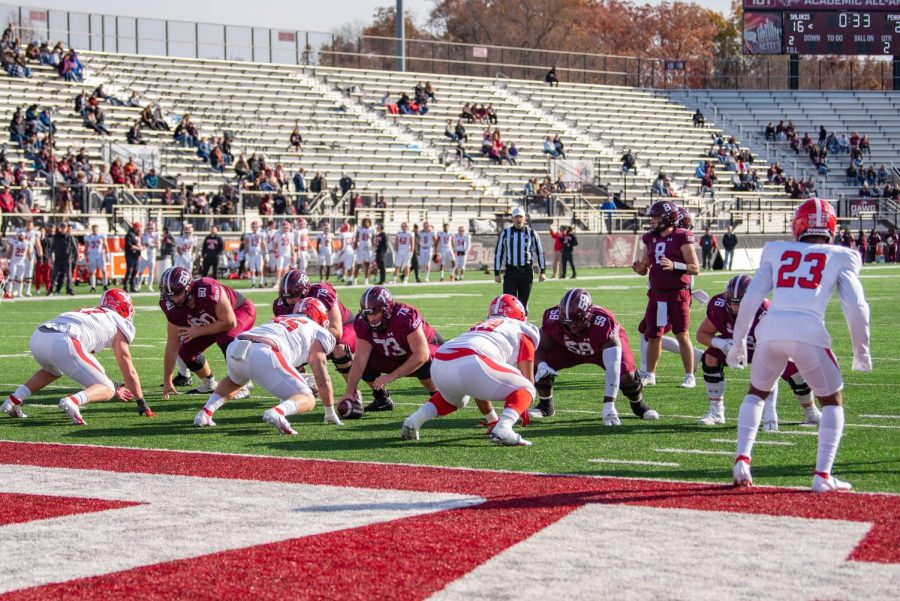 The Salukis offensive lines up for the two-point conversion during the 18-35 loss vs. Youngstown State during Senior Day Saturday, Nov. 20, 2021 at Saluki Stadium at SIU.  