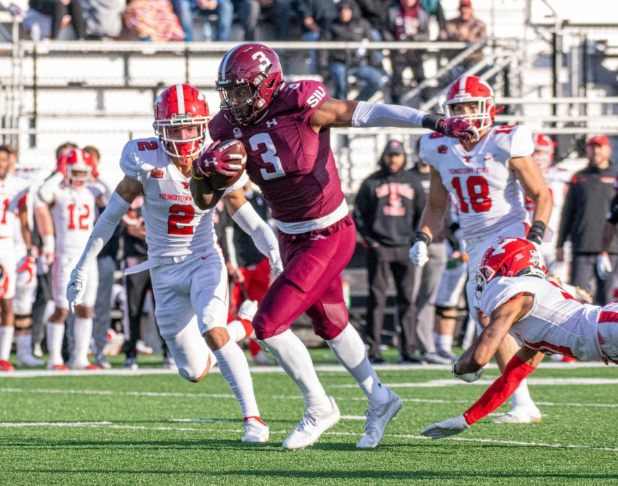 SIU tight end, Tyce Daniel, catches a pass from Nic Baker during SIUs 18-35 loss vs. Youngstown State during Senior Day Saturday, Nov. 20, 2021 at Saluki Stadium at SIU.  