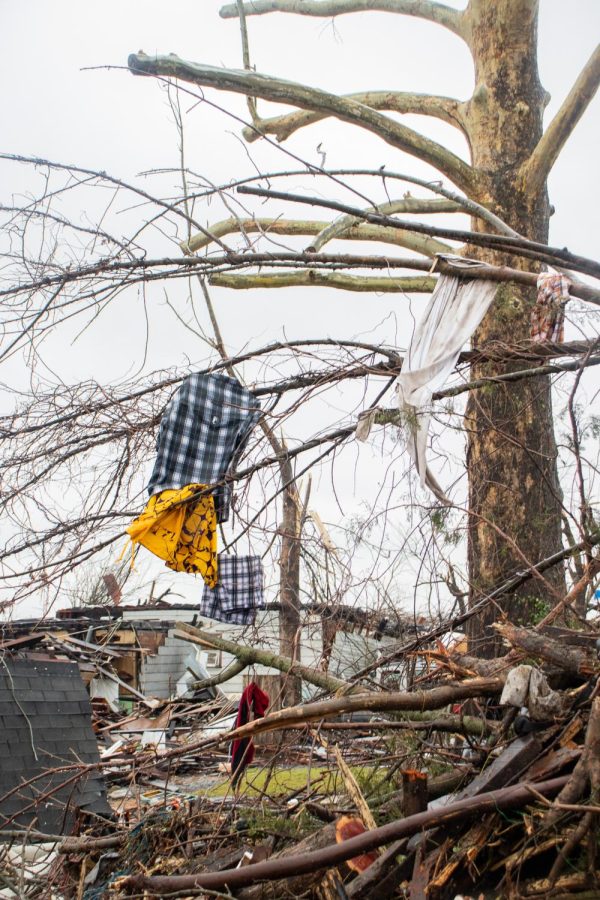 Clothes hang from tree branches after the Dec. 10 tornado Dec. 18, 2021 in Mayfield, Kentucky. 
