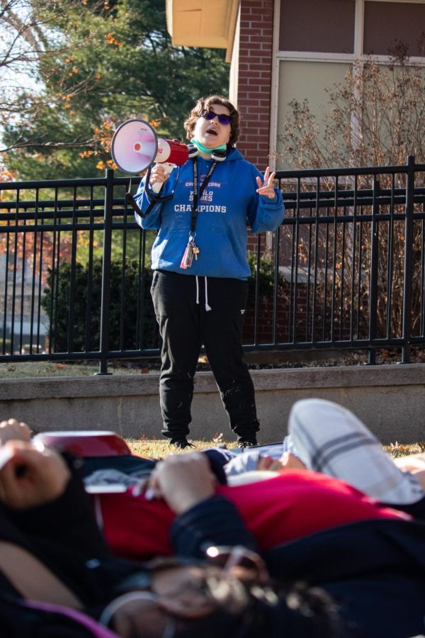 SIU student, Madison Chimack, speaks at the die-in protest Dec. 1, 2021 in front of Anthony Hall at SIU in Carbondale, Illinois. 