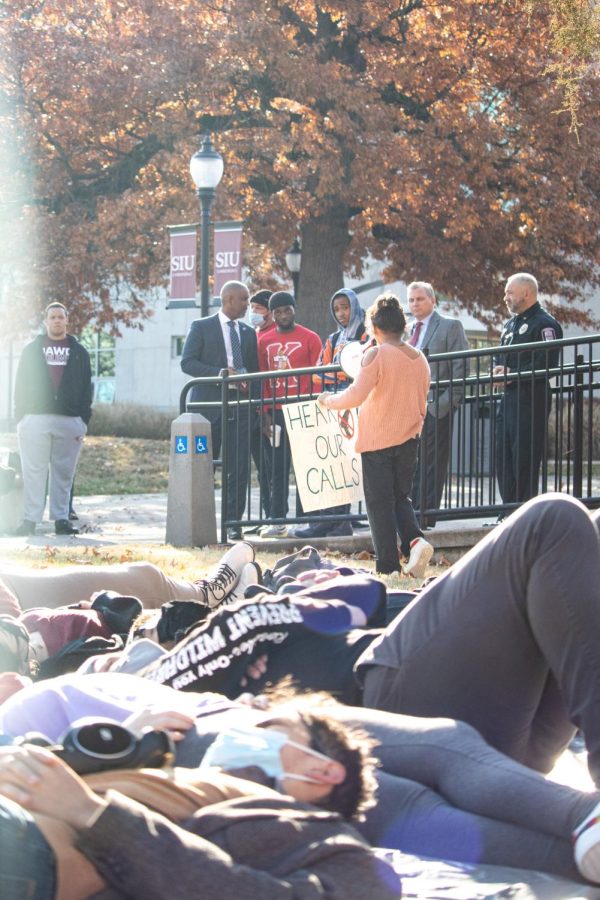 SIU student, Jazmine Vazquez, speaks to Chancellor Lane during the die-in protest Dec. 1, 2021 at SIU in Carbondale, Illinois. 