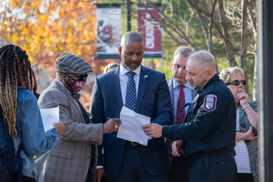 Chancellor Austin Lane reads the list of demands from the gun violence protest Dec. 1, 2021 at SIU in Carbondale, Illinois. 