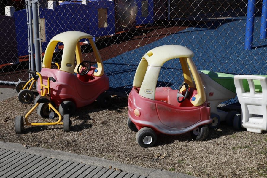 Two Little Tikes cars sit in the playground of the Rainbows End Preschool Jan. 26, 2022 at SIU in Carbondale, Ill. 
