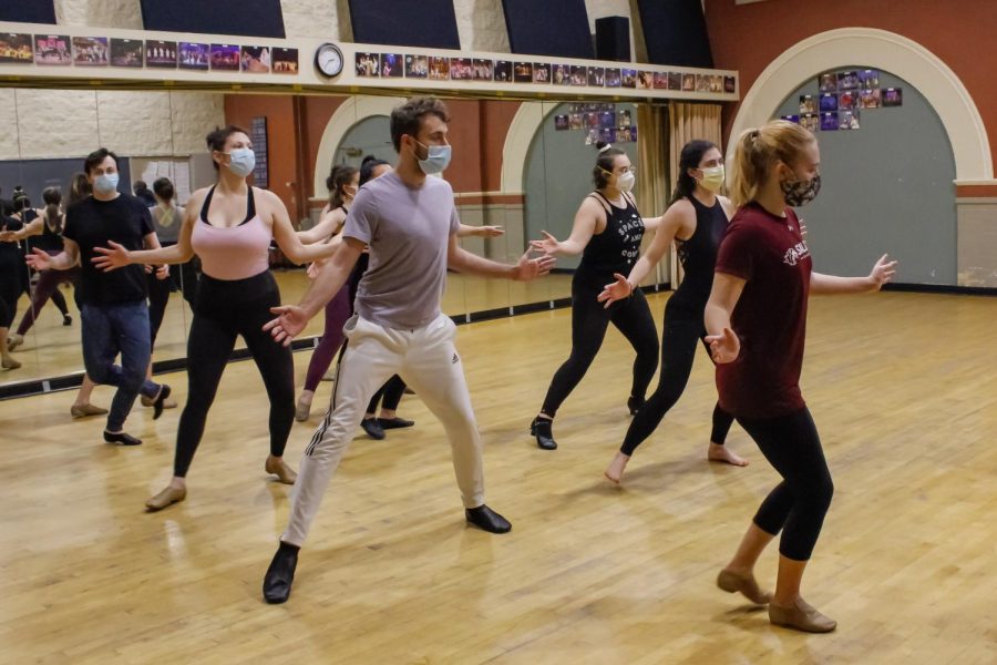 Students dance in Darryl Clark’s musical theater class at Altgeld Hall Jan. 28, 2022 at SIU in Carbondale, Ill.