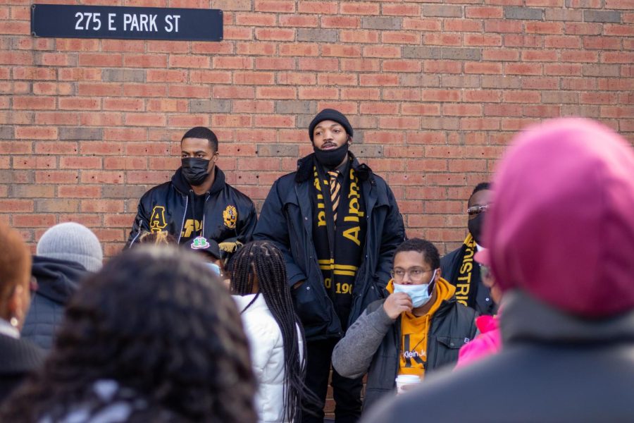 A member of Alpha Phi Alpha Fraternity speaks to the crowd to thank them for attending the annual Martin Luther King Day March Jan. 17, 2022 in Carbondale, Ill.
