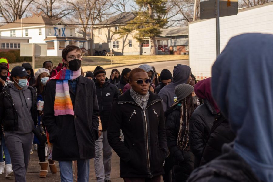 SIU students march down South University Avenue during the Alpha Phi Alpha Fraternity Inc. MLK Day March Jan. 17, 2022 in Carbondale, Ill.
